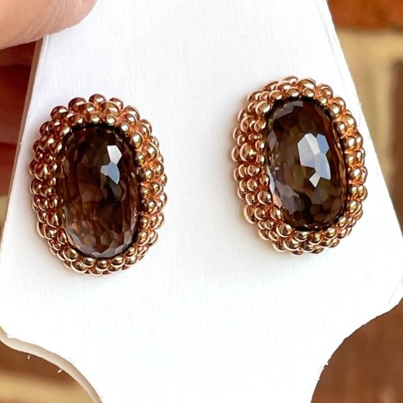 Oval Smoky Quartz set in Gold over 925 Sterling silver Earrings - Picture 1 of 7